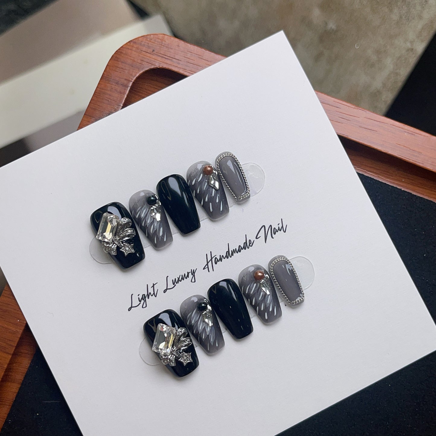 10pcs Handmade y2k Short Press On Nails Dark Black Punk Glossy Diamond Reusable Fake Nail Artificial False Nails Tips Art